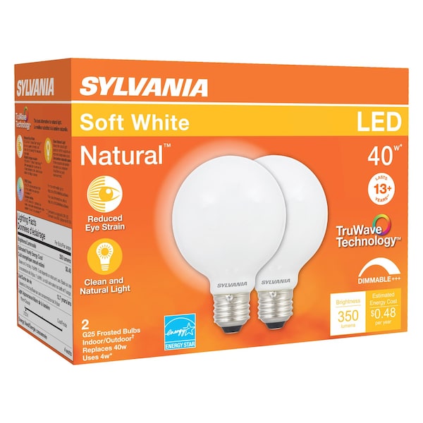 Sylvania Sylvania Natural G25 E26 (Medium) LED Bulb Soft White 40 Watt Equivalence 2 pk 40765 - main